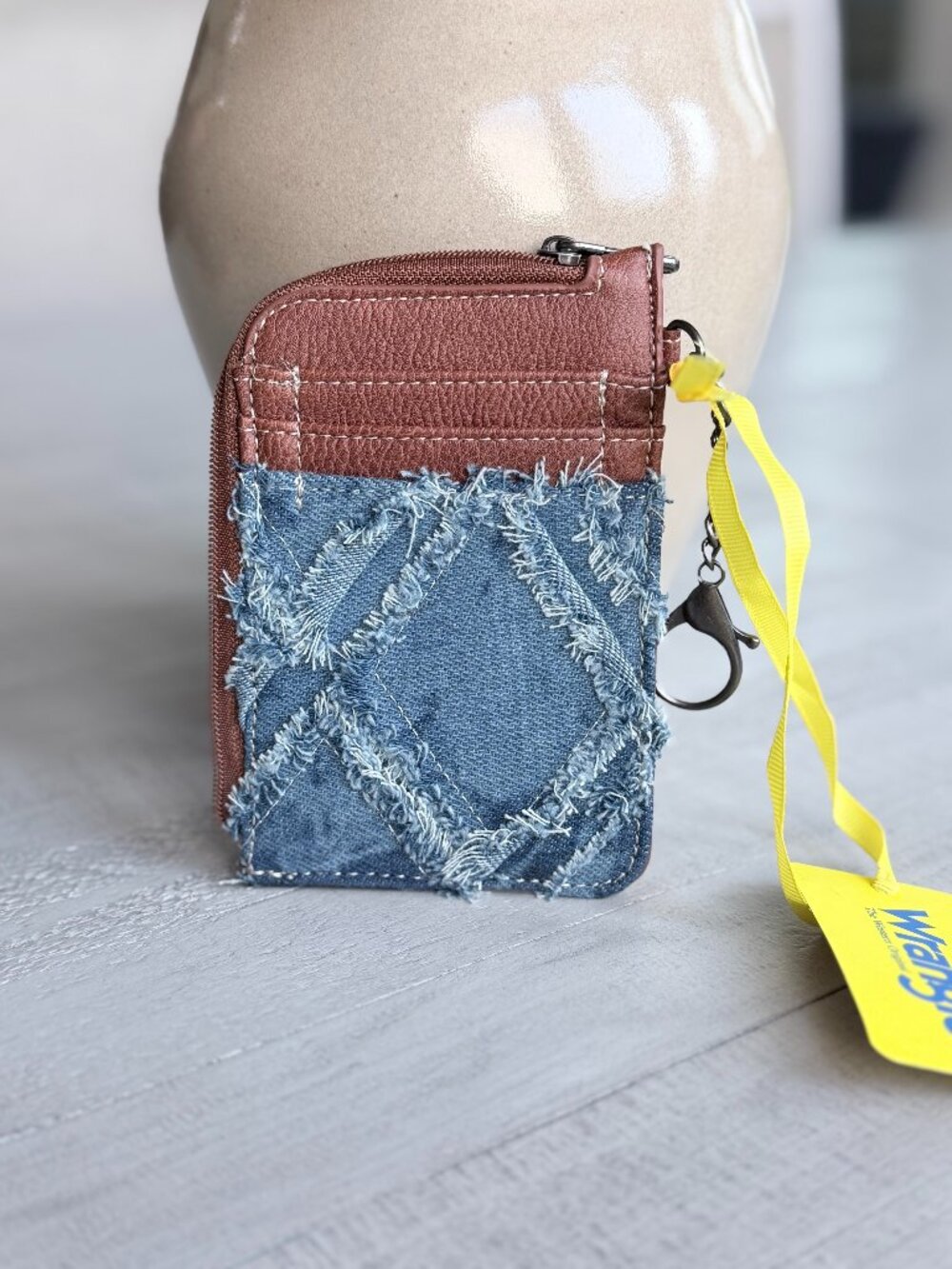 Wrangler Denim Patchwork Card Holder Wallet Keychain Coin Purse Brown Blue NWT
